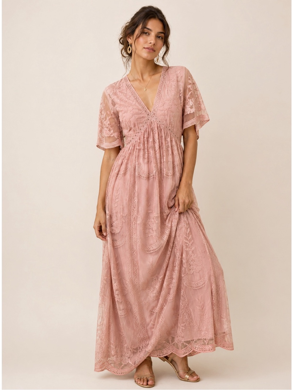 Pinkblush Woman Dusty Pink Lace Embroidery V-Neck Maxi Dress MEDIUM Romatic Boho